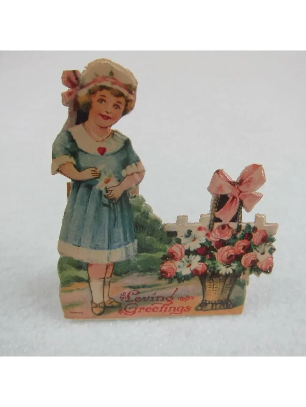 Vintage Valentine Die Cut Stand Up Girl Bonnet & Flower Basket 1920-30s Germany